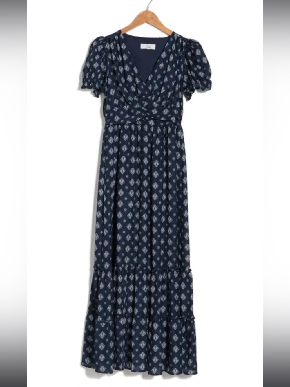 Lucky Brand Ruffle Tier Maxi Dress with Puff Sleeves in Navy Medallion